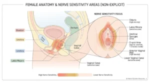 female anatomy diagram showing sensitivity areas related to pleasure