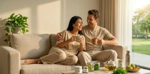 Couple practicing daily wellness and self-care habits for confidence and intimate health.