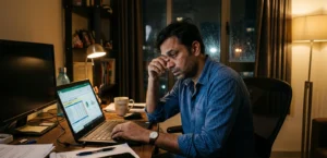 Indian man feeling tired while working late, representing energy decline after age 35