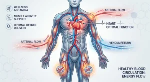 Illustration showing how healthy blood circulation supports male energy and physical performance