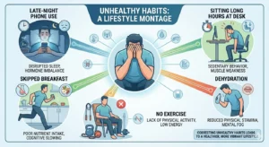 Visual showing common daily habits that contribute to low stamina and fatigue in men
