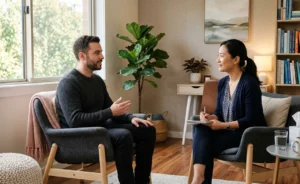Therapy session demonstrating how CBT can help reduce anxiety-related erectile dysfunction.