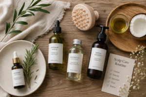 scalp Care Routine for Faster Hair Growth with scalp massage oil shampoo and hair serum