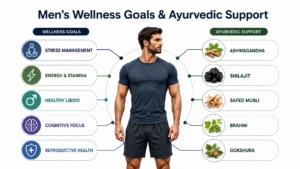 Infographic matching Ayurvedic herbs with different men's health goals.