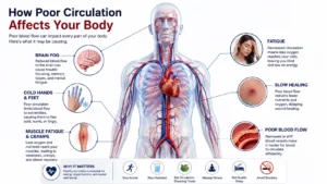 Illustration showing common symptoms and effects of poor blood circulation.