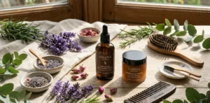 Rosemary oil and natural ingredients used to support scalp health and hair growth.