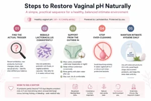 Steps for restoring vaginal pH balance naturally and supporting vaginal health.