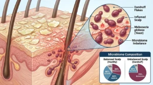 Medical illustration showing persistent dandruff caused by scalp microbiome imbalance.