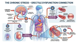 Medical illustration showing how cortisol, blood flow, testosterone, and dopamine affect erectile function.