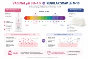 Infographic comparing vaginal pH and soap pH levels for feminine hygiene.