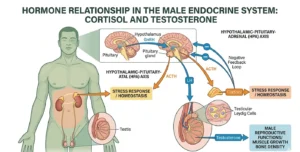 Diagram showing how cortisol and testosterone interact in men and how ashwagandha may support hormonal balance