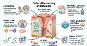 Alt Text: Common factors that disrupt vaginal pH balance and vaginal microbiome health.